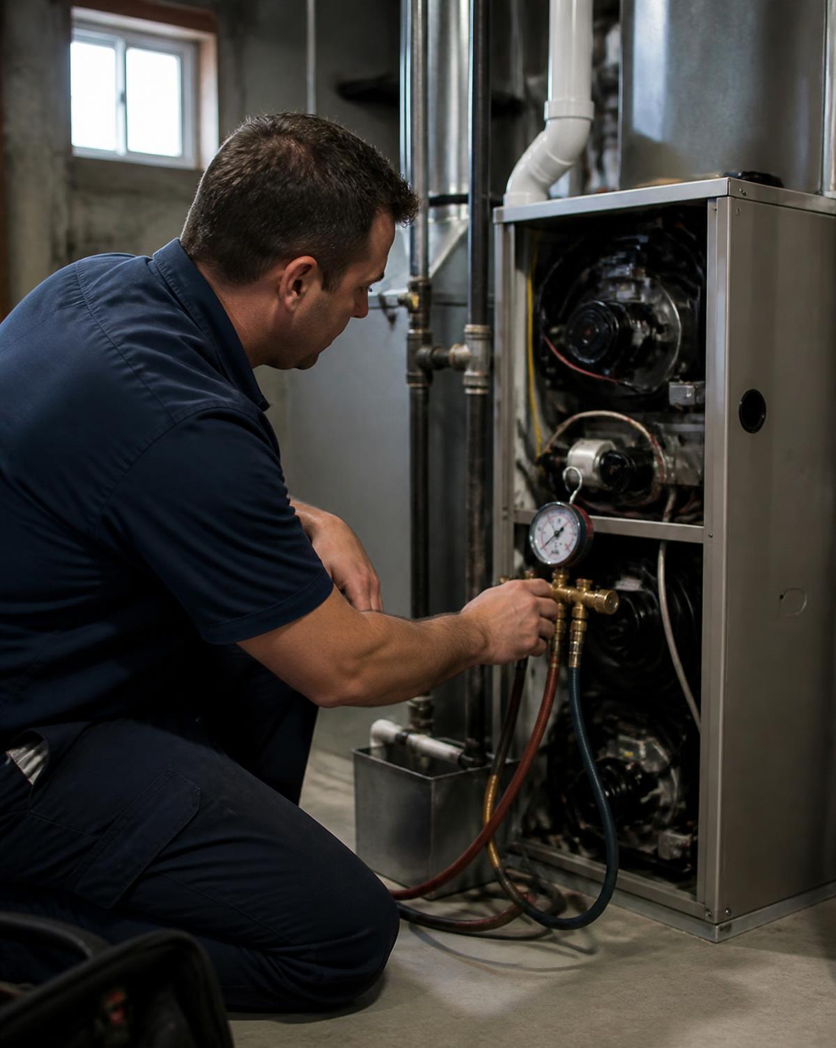 ECO-AIR technician checking a residential furnace in a St. Louis basement